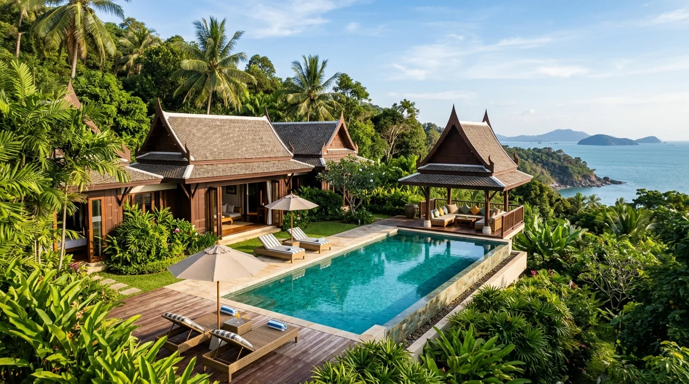 A private pool villa surrounded by tropical trees viewed from above, with a turquoise pool and open-sided sala catching afternoon light