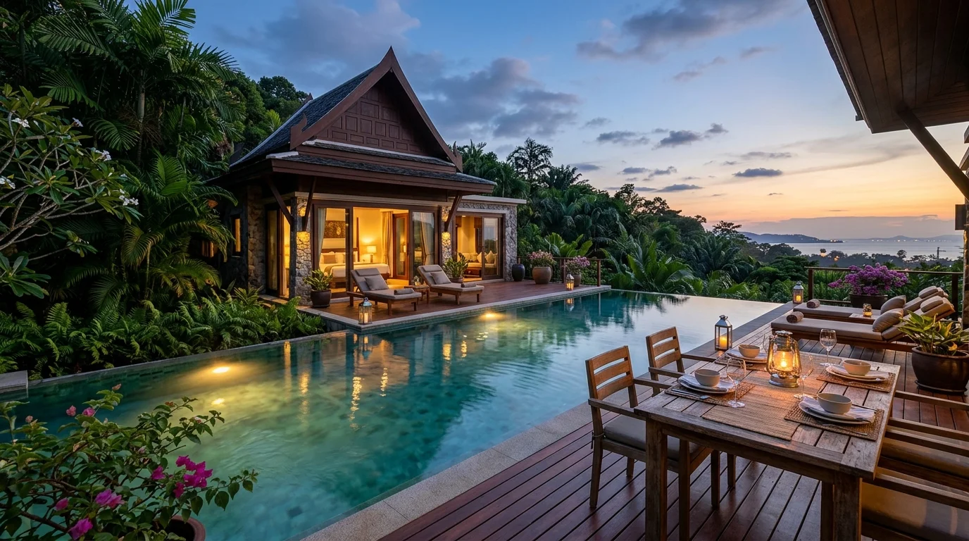 A private villa pool at dusk with warm lighting reflecting off the water, surrounded by low tropical plants and outdoor dining furniture set for an evening meal
