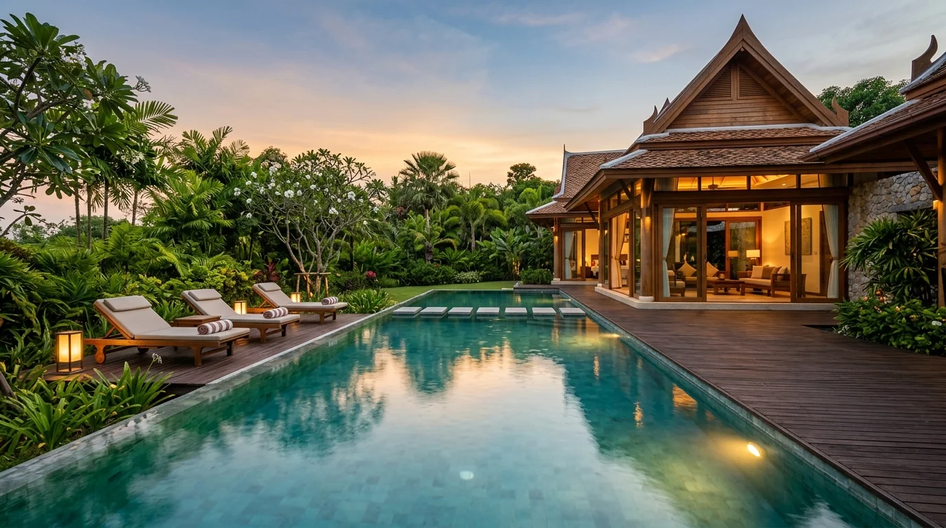 A large private pool at a Rayong villa at dusk, surrounded by tropical plants, with warm lights reflecting on the water and sun loungers along the edge