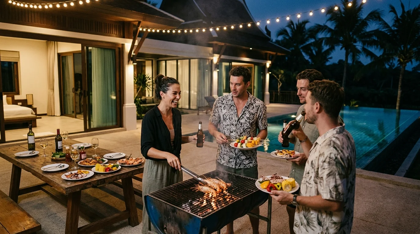 A group of friends gathered around a charcoal grill on a villa terrace at night, with plates of grilled seafood and vegetables on the table under string lights
