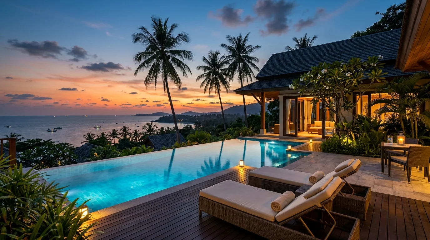 A wide shot of a private pool villa terrace at dusk, with the pool glowing blue under soft lighting and palm trees silhouetted against an orange sky