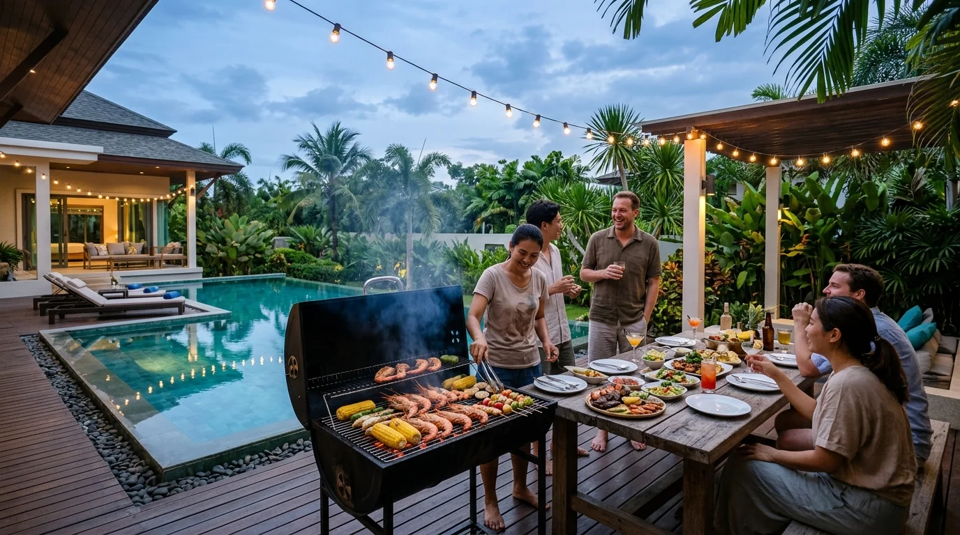 A group barbecue setup at a Thai pool villa at night, with a charcoal grill loaded with prawns and corn, string lights overhead, and people gathered around a table near the pool