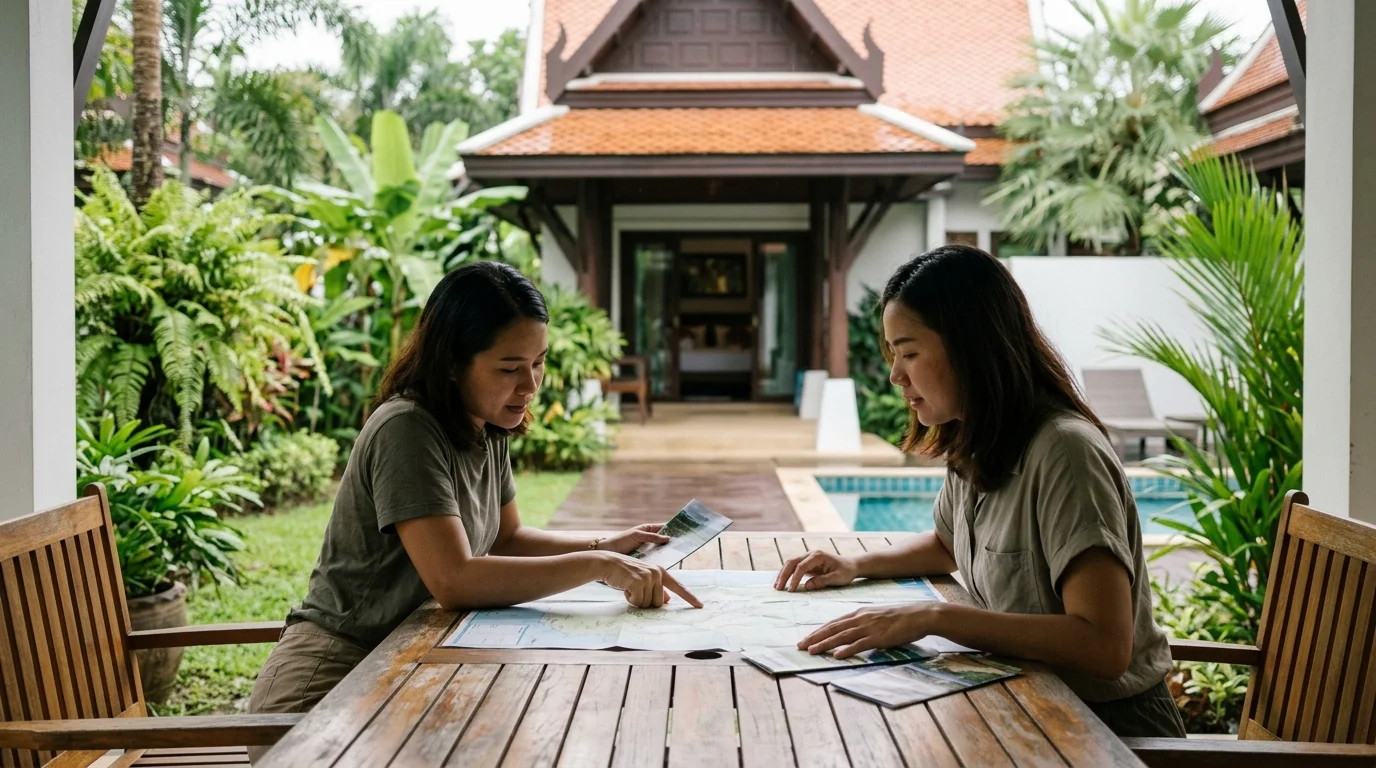 กลุ่มเพื่อนนั่งแช่น้ำในสระว่ายน้ำส่วนตัวของพูลวิลล่า บรรยากาศร่มรื่นมีต้นไม้ล้อมรอบ แสงแดดยามบ่ายสาดลงมา