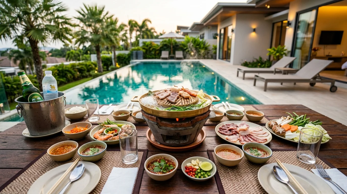 A spread of Thai barbecue and dipping sauces on a table at a lively mookata restaurant in Pattaya at night