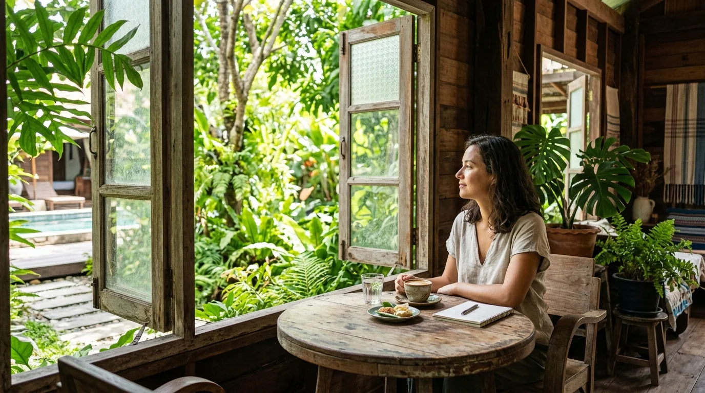 มุมนั่งชิลล์ในคาเฟ่บรรยากาศบ้านๆ ท่ามกลางต้นไม้เขียวขจี แสงธรรมชาติส่องผ่านหน้าต่างไม้เก่า