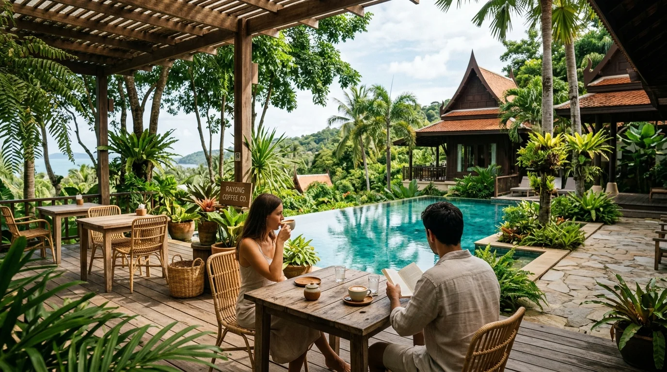 A specialty coffee shop terrace in Rayong with wooden tables, tropical plants, and morning light filtering through the trees