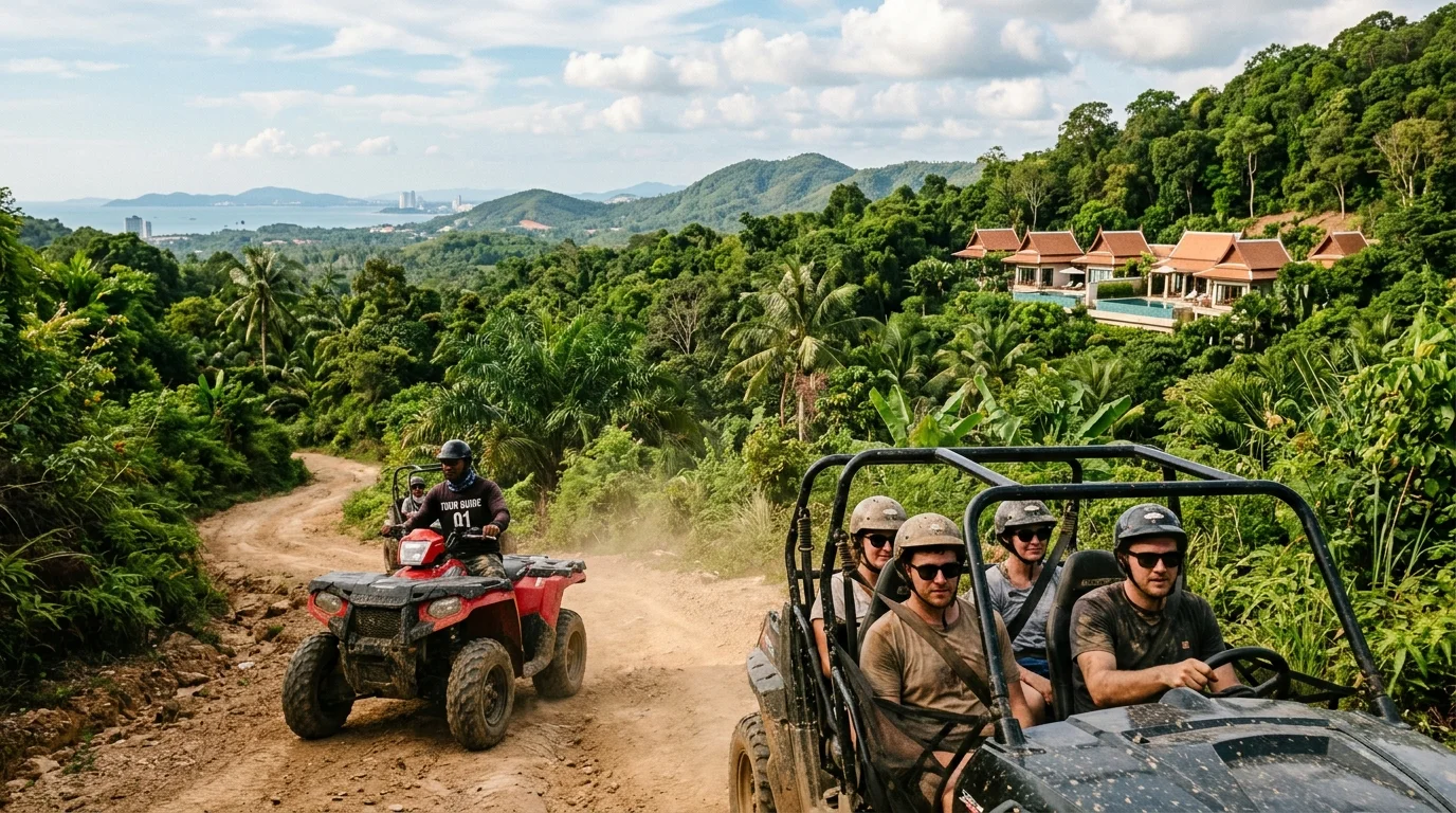 A group of travellers on a buggy tour following a dusty off-road trail through green tropical hills, with a guide leading the way ahead of them