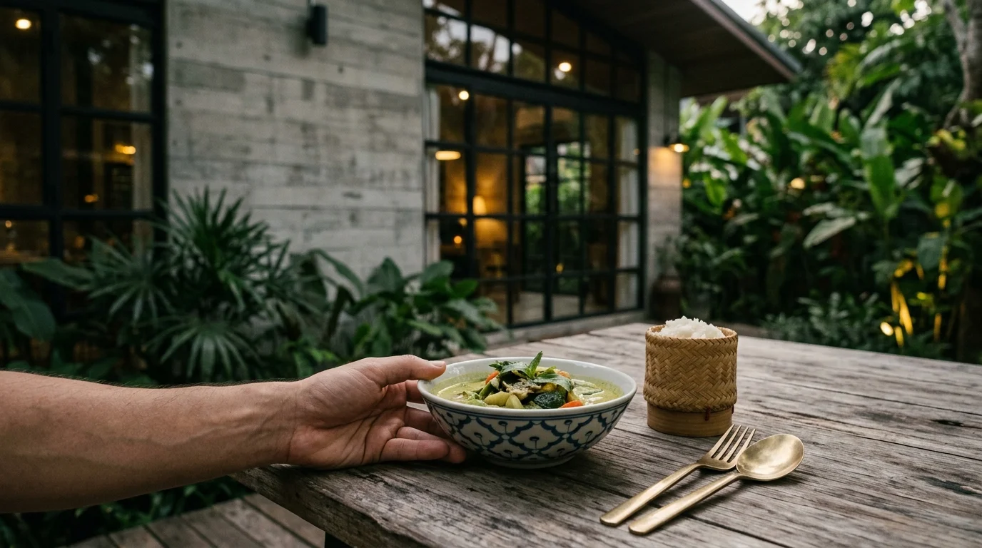 โต๊ะอาหารกลางแจ้งในสวนของร้านอาหารเชียงใหม่ ล้อมรอบด้วยต้นไม้เขียวชอุ่ม แสงไฟอุ่นยามเย็น บรรยากาศเนิบช้าและผ่อนคลาย